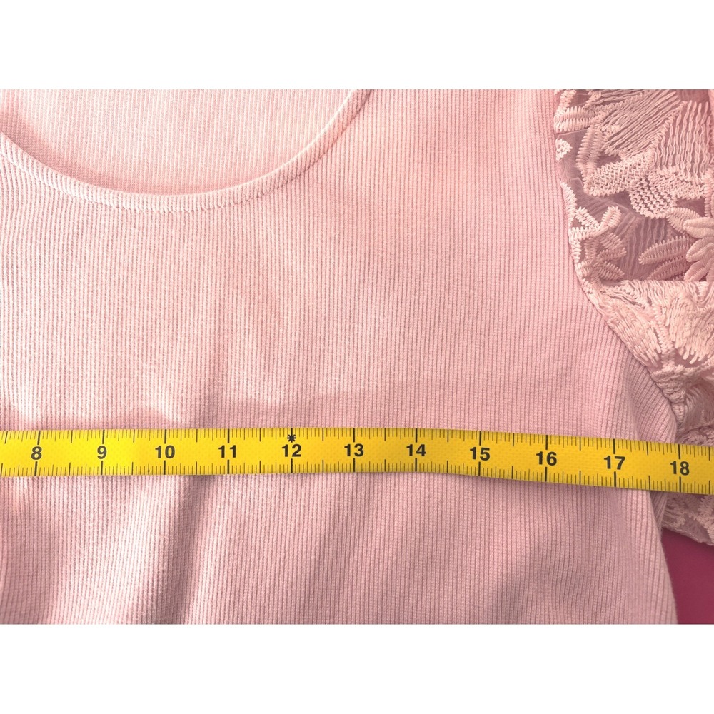 Dolan Womens Pink Ribbed Floral Lace Puff Sleeve Top Sz M Coquette Cottagecore - Picture 8 of 9